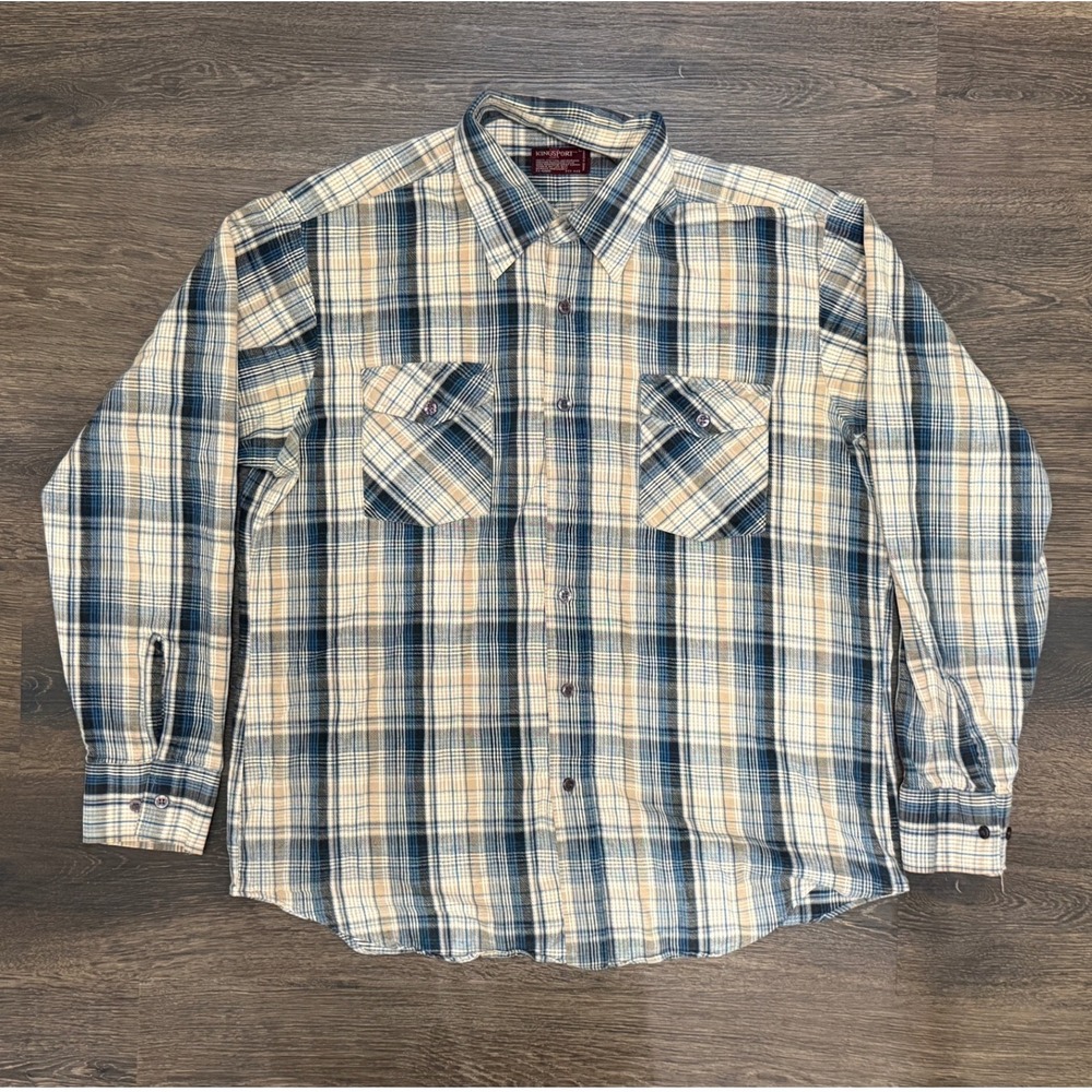 Kingsport Men's L Blue Tan Plaid Long Sleeve Button Down Shirt Dual Pocket